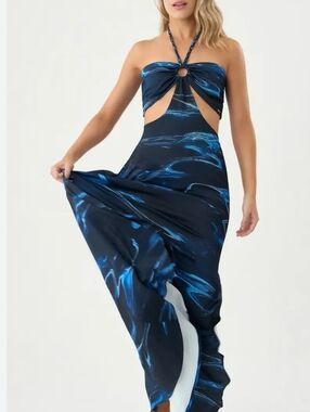 Boamar Chamberlain Halter maxi Dress  Navy Blue Swirl size tag missing SMall?